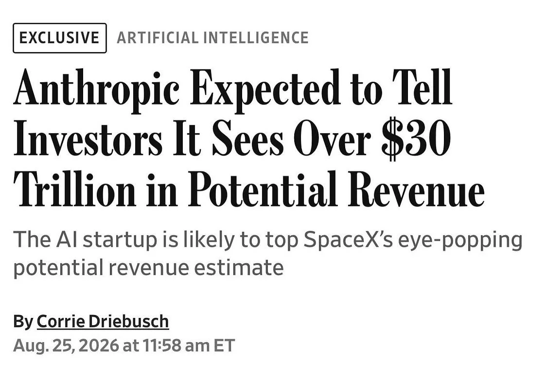 WSJ headline: Anthropic Expected to Tell Investors It Sees Over $30 Trillion in Potential Revenue