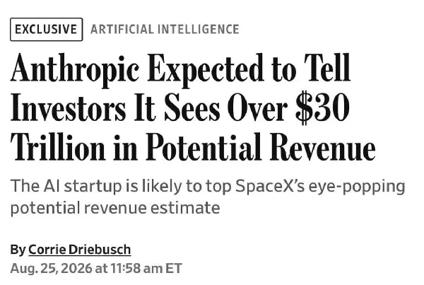 WSJ headline: Anthropic Expected to Tell Investors It Sees Over $30 Trillion in Potential Revenue