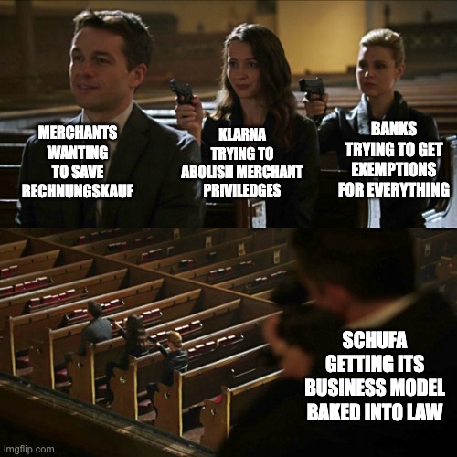 Assassination-chain meme: merchants, Klarna and the banks all draw on each other, while Schufa quietly gets its business model baked into law.